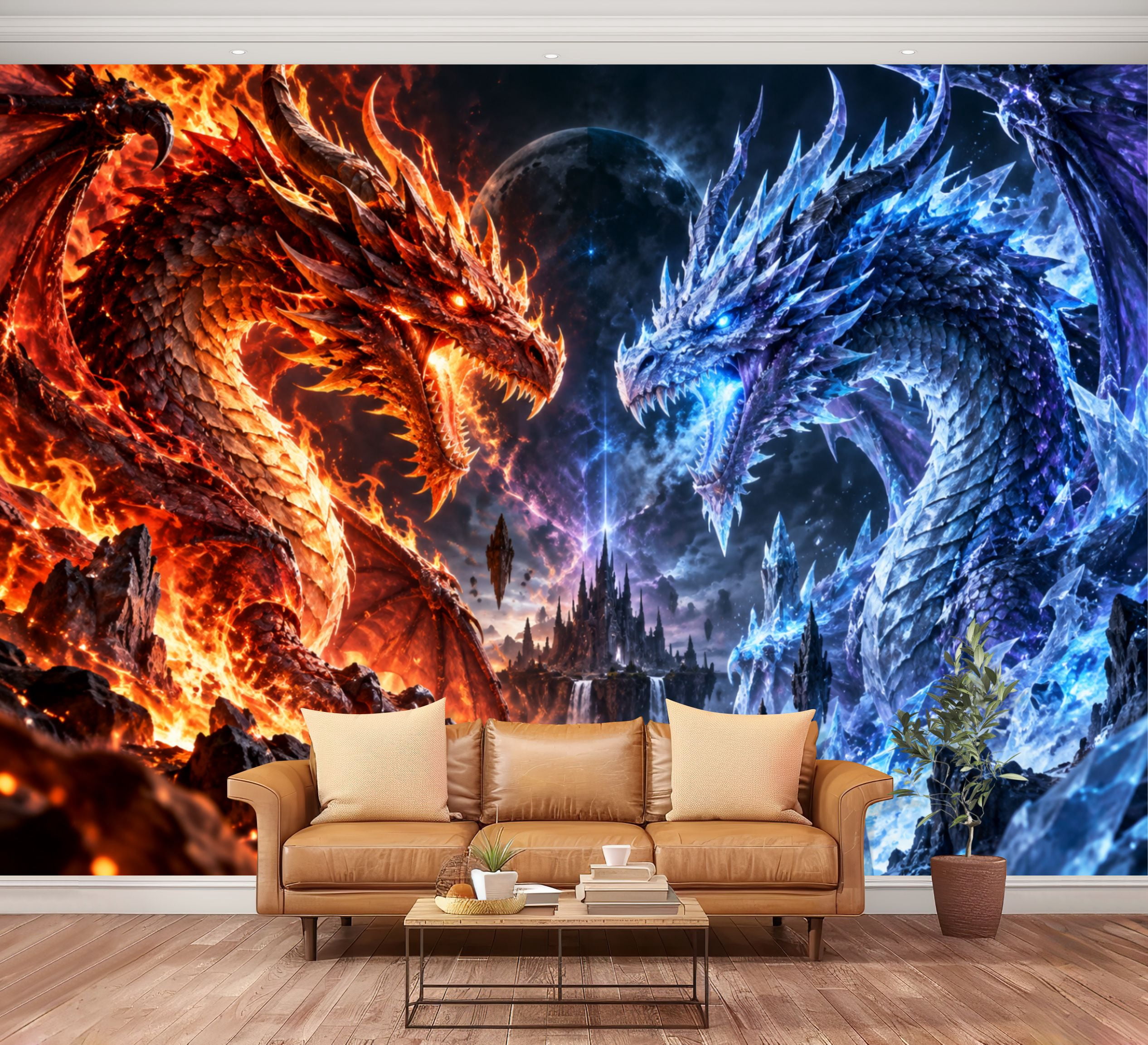 Large Wall Mural Moon Fire Ice Dragons Castle Peel and Stick Wallpaper ...
