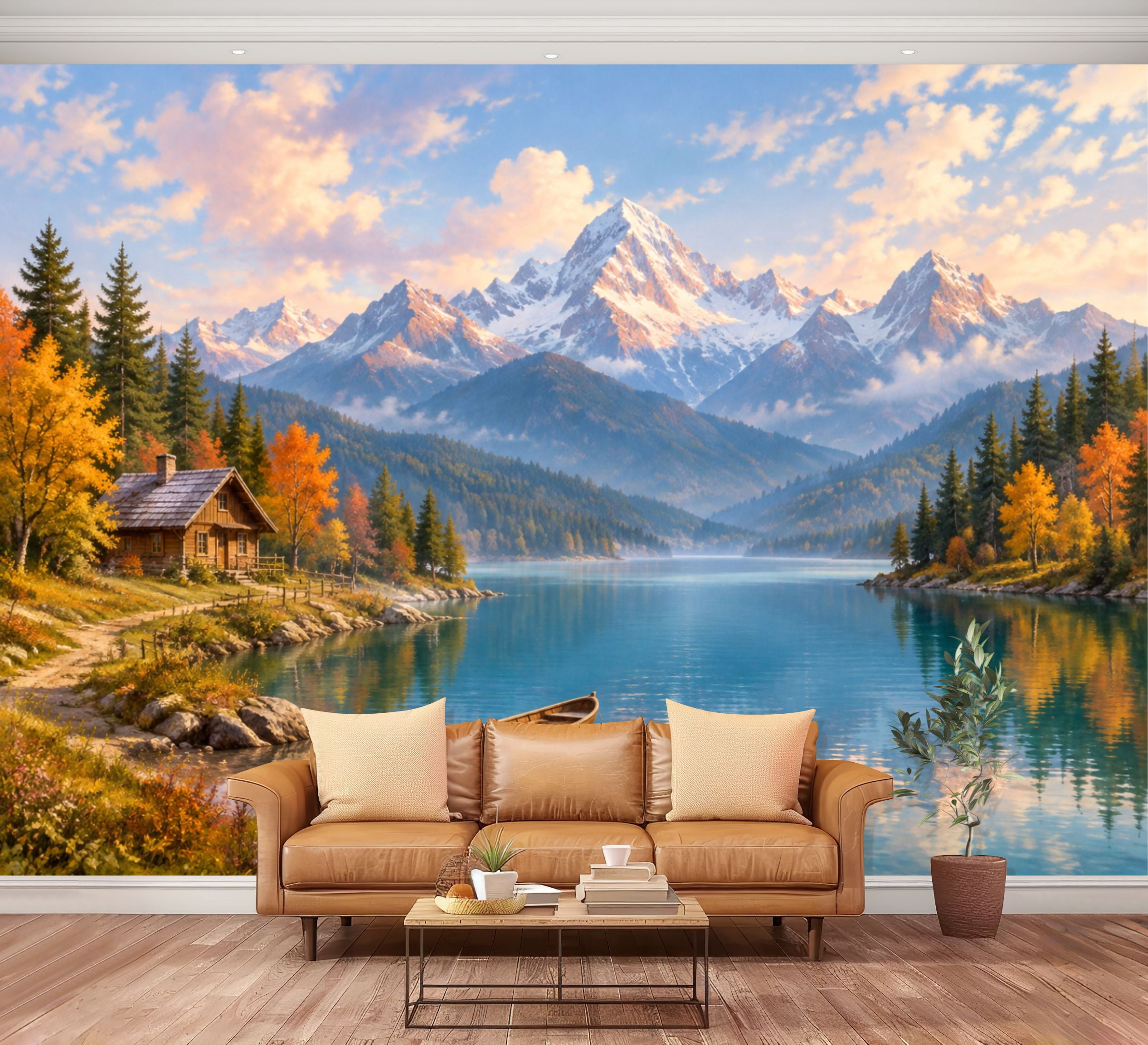 Fall Vinyl Large Wall Mural Snow Mountain Lake Cabin Peel and Stick Wallpaper ...