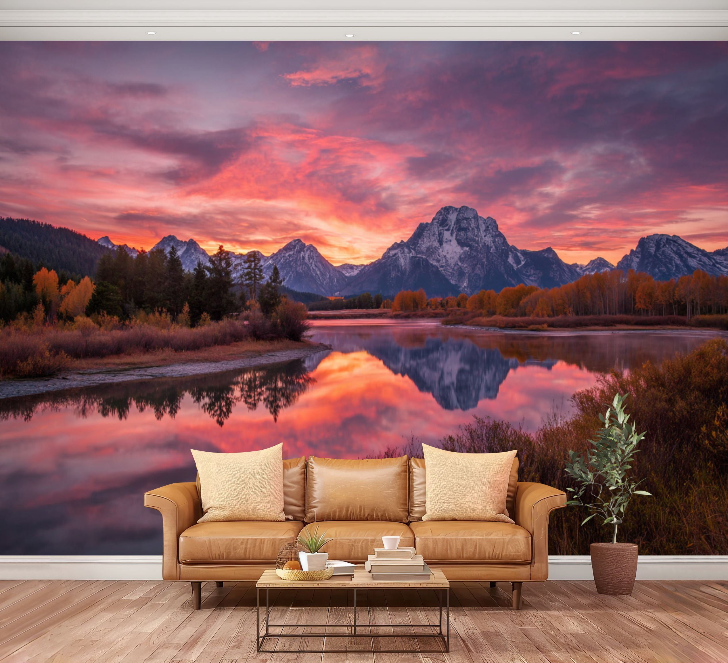 Fall Vinyl Large Wall Mural Sunset Mountain Landscape Peel and Stick Wallpaper ...