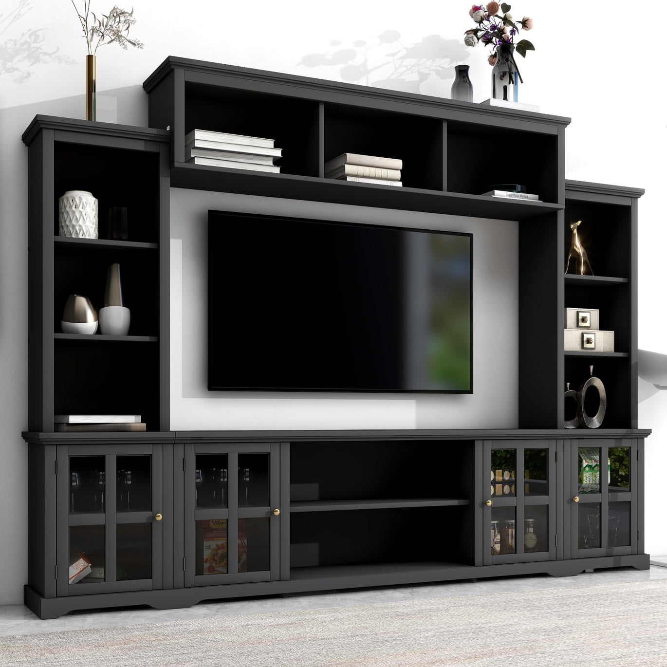 Large Wall Unit Entertainment Center with Storage for TVs Up to 78 Modern TV Stand Media Console Table with Glass Doors Open Shelves for Living Room Bedroom Home Theater Black