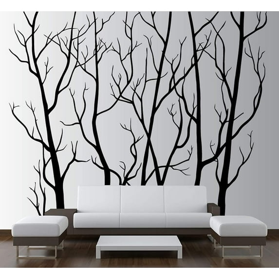 Large Wall Vinyl Tree Forest Decal Removable Sticker with Birds 96" (8 Feet) Tall X 113" Wide #1111 (Matte Black)