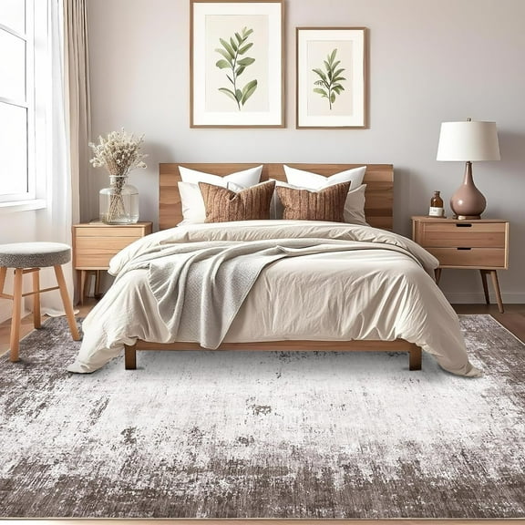 Large Washable Area Rug 10x13 Modern Abstract Rug with Non Slip TPR Rubber Backing, Soft Thin Low Pile Mats, Non Shedding Low Pile Floor Covering, Indoor Carpet for Open Spaces, Coffee