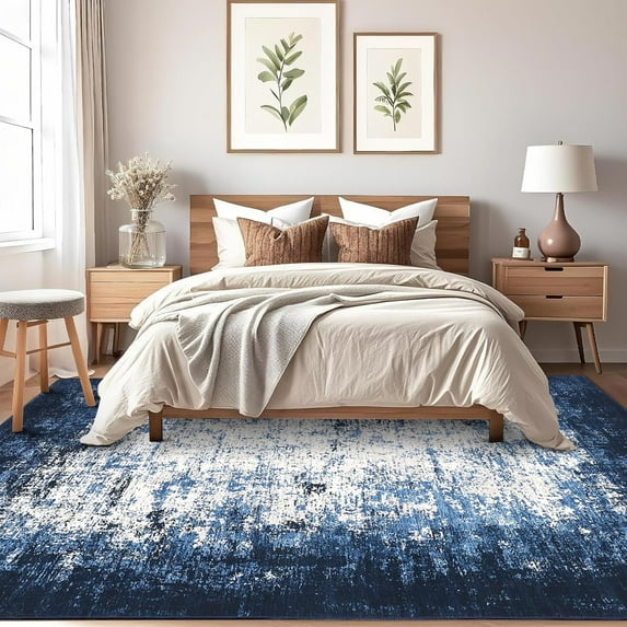Large Washable Area Rug 10x13 Modern Abstract Rug with Non Slip TPR Rubber Backing, Soft Thin Low Pile Mats, Non Shedding Low Pile Floor Covering, Indoor Carpet for Open Spaces, Blue