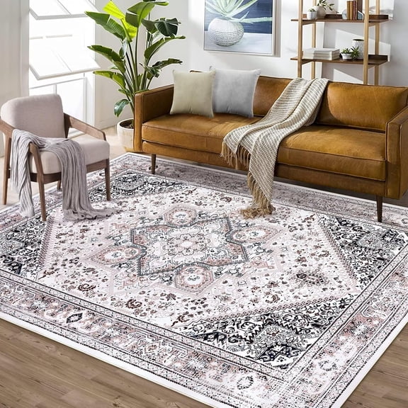 Large Washable Area Rug, Ultra-Soft Low-Pile Non-Slip Vintage Medallion Carpet for Living Room, Bedroom, Office and Entryway,5*7ft(152*213cm),Pink