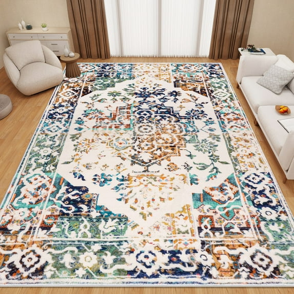Large Washable Area Rugs for Living Room - 6'x9' Boho Non-Slip Bedroom Rug, Soft Low-Pile Non-Shedding Floor Carpet Indoor, Vintage Print Distressed Dining Room&Playroom&Nursery Room Rugs (Style F)