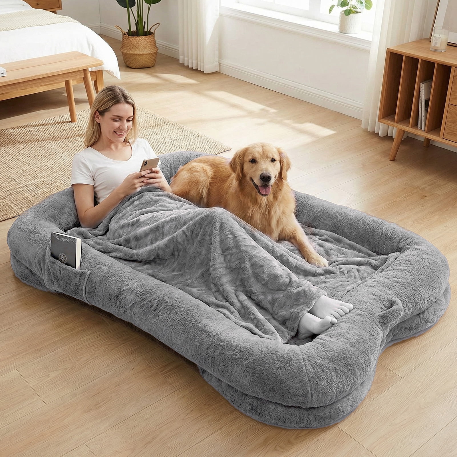 Large Washable Dog Bed Plush Faux Fur Pet Bed with Storage Pocket Non Slip Bottom for Home Decor Comfort
