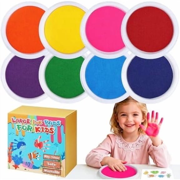 Large Washable Ink Pads for Kids - 7" Ink Pad for Handprint Footprint Toddler Finger Paint, 8 Vibrant Colors Stamp Pad Set for Card Making/Preschool Crafts/Christmas/Birthday Gifts
