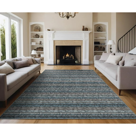 Large Washable Rugs 9x12 Modern Abstract Accent Carpet Non-Slip Backing Non-Shedding Contemporary Floor Cover Striped Transitional Mat OfficeBlue