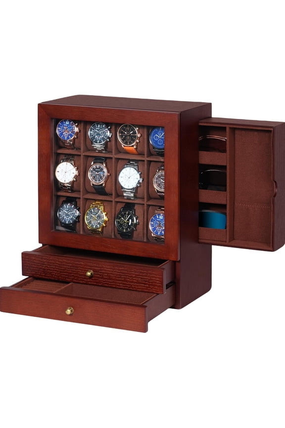 Large Watch Box for Men - 12-Slot Watch Display Case with Side Drawers for Sunglasses Necklaces, 2 Bottom Drawers for Rings and - for Your Loved Ones, Brown and Brown