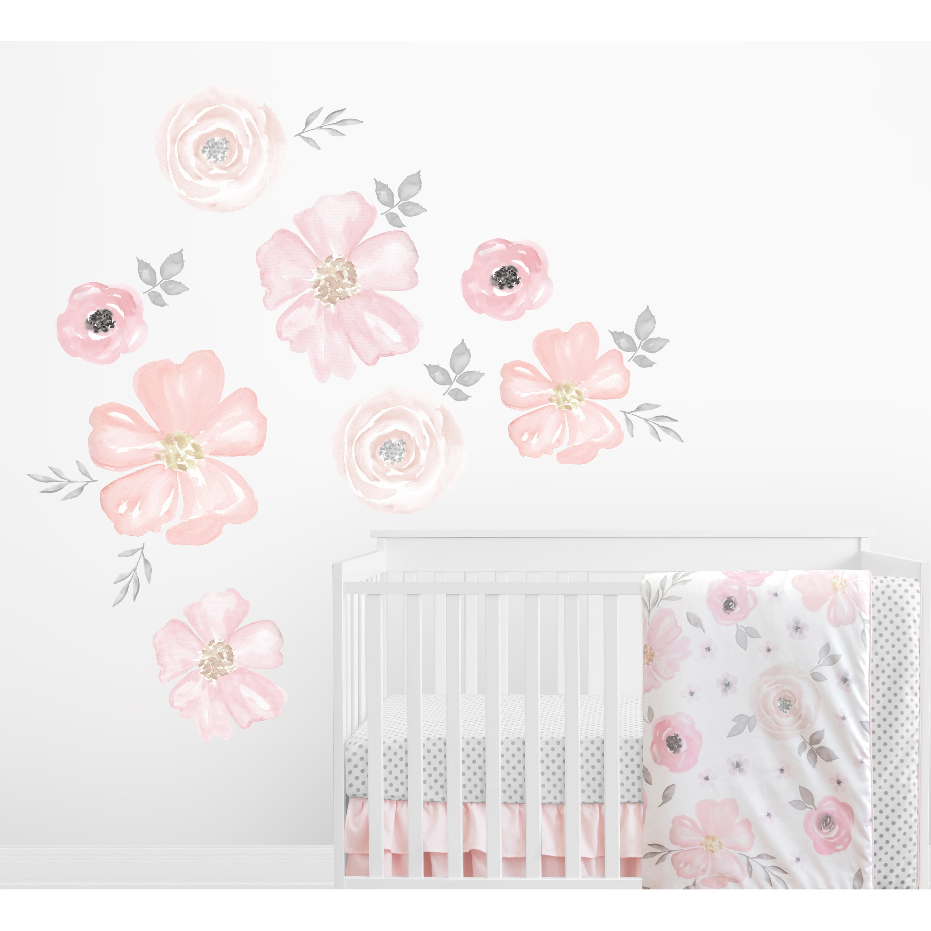 Blush Pink and Grey Watercolor Floral Nursery Wall Decals