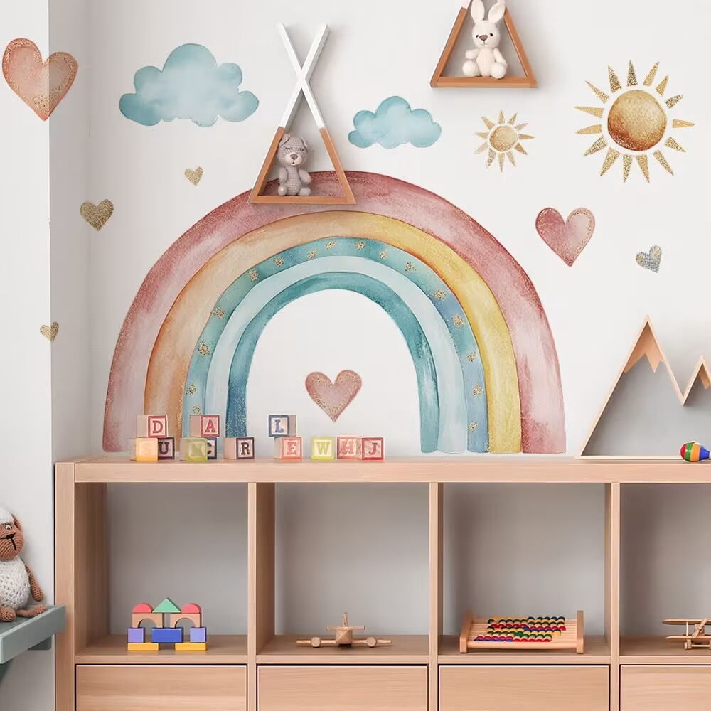 Large Watercolor Rainbow Wall Decals, Boho Sun Clouds Peel and Stick ...