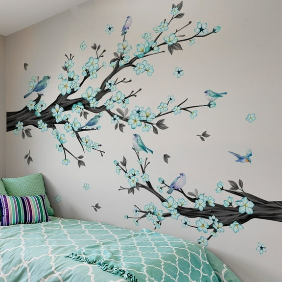 Large Watercolor Tree Wall Decals Blue Flower Branch Wall Stickers Watercolor Flower Wall Decals Blossom Bird Tree Branch Wall Stickers Living Room Bedroom Kitchen Wall Decor