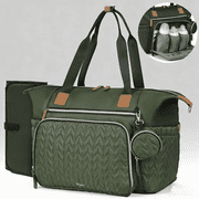 Lekebobor Large Diaper Bag Tote with Changing Pad & 16 Pockets, Quilted Waterproof Diaper Bag Travel Baby Bags for Mom and Dad, Dark Green