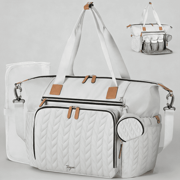 Large Waterproof Diaper Bag Tote with Changing Pad & Pacifier Case, Travel Baby Bag for Labor Delivery Hospital, Grey