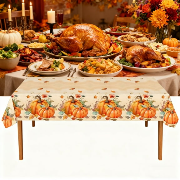 Large Waterproof Disposable Tablecloth Thanksgiving Fall Theme Party Table Cover for Holiday Gathering(Orange)