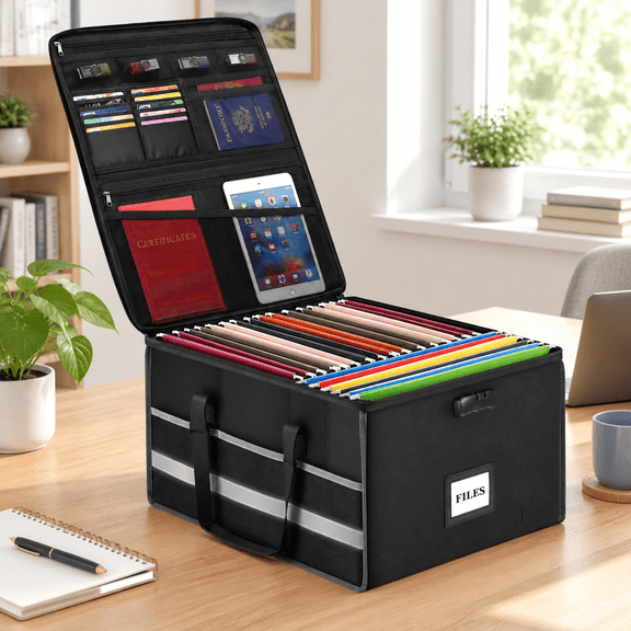 Large Waterproof Document Storage Box with Lock and Multiple Pockets
