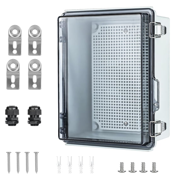 Large Waterproof Electrical Junction Box IP67 Waterproof Clear ABS Plastic Enclosure Boxes for Outdoor Network Enclosure with Hinged Cover, Mounting Plate Wall Brackets, Cable Glands 13.8"x9.8"x5.9"