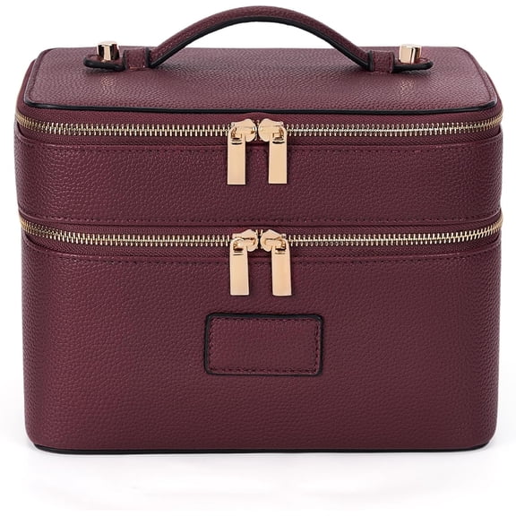 Large Waterproof Leather Makeup Bag Duo Vanity Case Travel Toiletry Bag Portable Double Layer Cosmetic Bag Burgundy