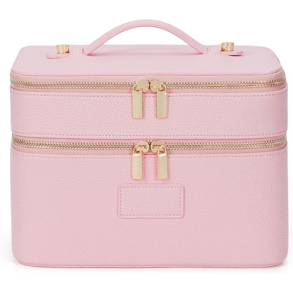Large Waterproof Leather Makeup Bag with Removable Divider Travel Toiletry Case Double Layer Cosmetic Bag Pink