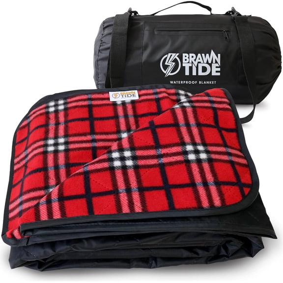 Large Waterproof Outdoor Blanket, Extra Thick Fleece, Windproof Sandproof Quilted Stadium Blanket, 82" x 55", Plaid Red