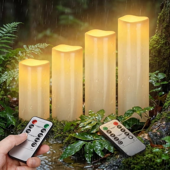 Large Waterproof Outdoor Flameless LED Pillar Candle with Remote Timer Battery Operated Flickering Effect Ivory White 8" 10" 12" 14" X 4" Vivid Bestseling