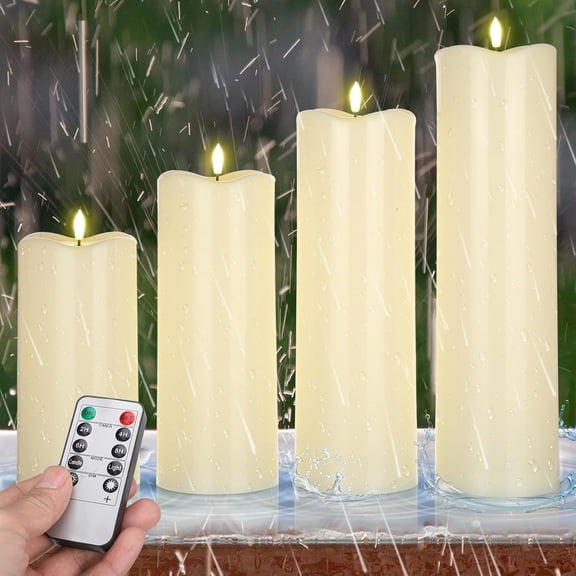 Large Waterproof Outdoor Flameless LED Pillar Candles with Remote Timer Battery Operated Flickering 8" 10" 12" 14" X 4" Ivory White Classic Bestseling
