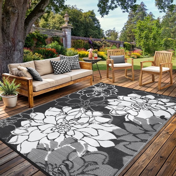 Large Waterproof Outdoor Rug 9x18 Weather Resistant Plastic Straw Rug, Reversible Floral Patio Carpet, Foldable RV Camping Mat with Stakes & Carry Bag, Outside Carpet for Garden Porch, Black