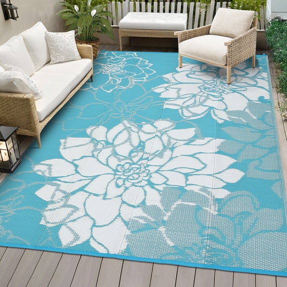 Large Waterproof Outdoor Rug 9x18 Weather Resistant Plastic Straw Rug, Reversible Floral Patio Carpet, Foldable RV Camping Mat with Stakes & Carry Bag, Outside Carpet for Garden Porch, Blue