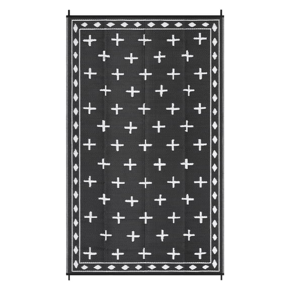 Large Waterproof Outdoor Rug 9x18ft – Reversible Black and White Geometric Plastic Straw Mat, Mark Resistant, Easy Care Patio Carpet for RV Awning, Deck, Garden, Camping, Beach, Backyard, Collapsible