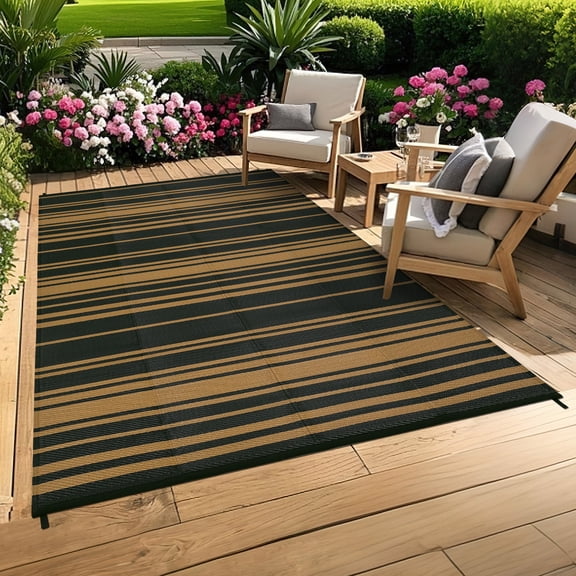 Large Waterproof Outdoor Rug, Reversible Plastic Straw Patio Carpet – UV Resistant, Collapsible, Portable, Easy Clean, For Deck, Porch, Camping, RV, Black Brown, 9x12ft (274x366cm)