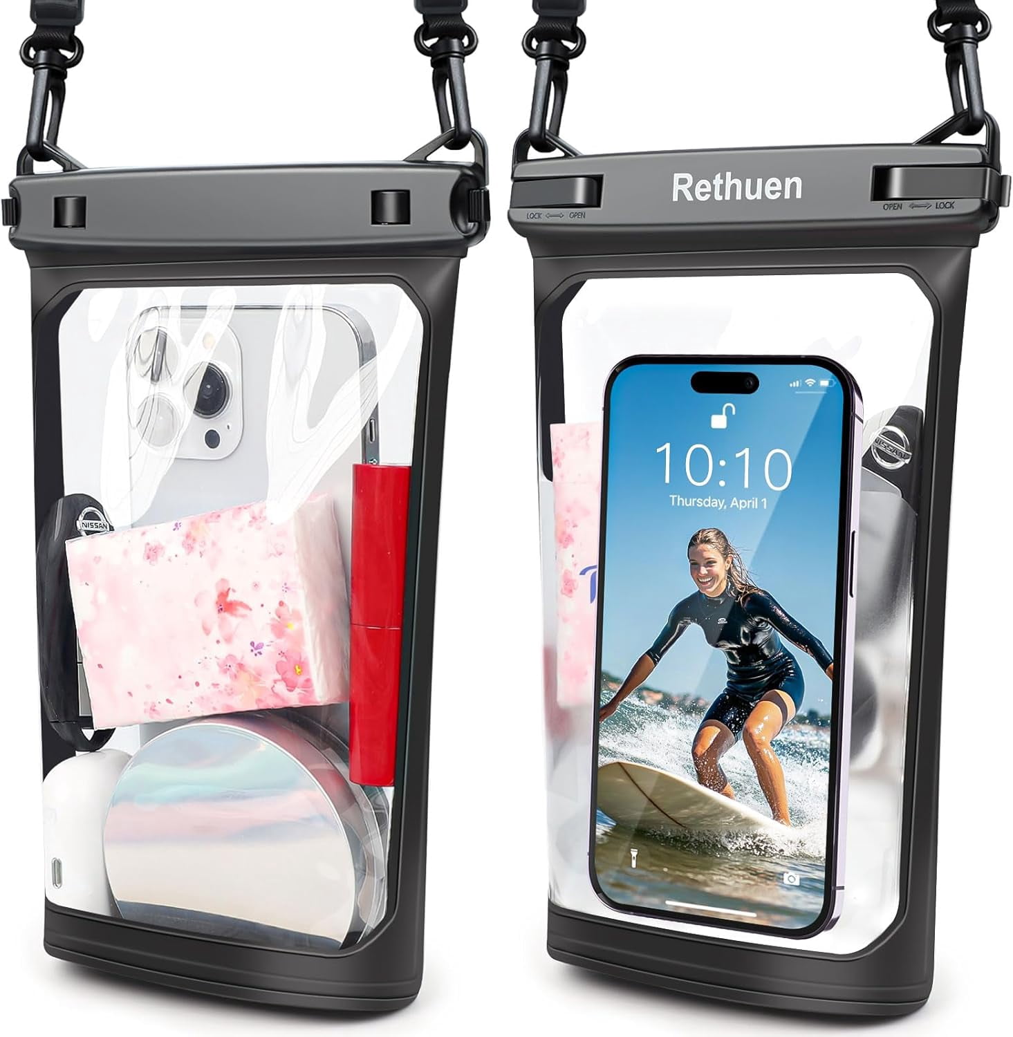 Large Waterproof Phone Pouch, 2Pack Floating Waterproof Bag for iPhone 17 16 15 Pro Max Galaxy S26 S25 S24 Ultra All Phones, Cell Phone Dry Bag for Beach Swimming Rafting Boating (Black + Black)