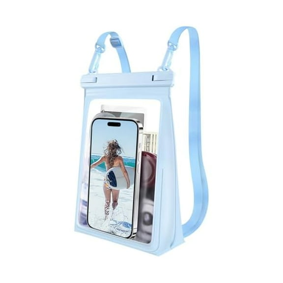 Large Waterproof Phone Pouch Floating, [Double Seals] IPX8 Waterproof Pouch for Beach Vacation, Cell Phone Dry Bag for iPhone Samsung Google All Phones Light Blue