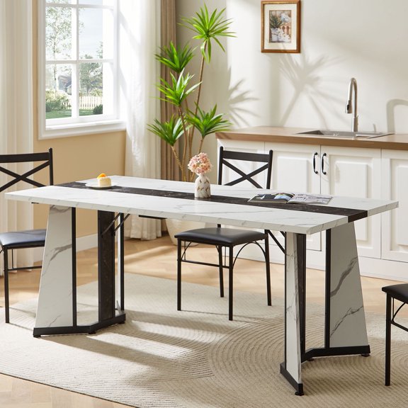 Large Waterproof Rectangular Dining Table for 8 People in Elegant , 70.9" Adjustable Height for Kitchen, Living Room, or Office-White imitation marble