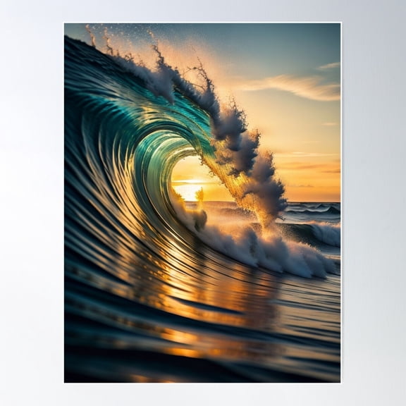 Large Wave At Sunset | Stunning Ocean Poster Wall Art, Modern Wall Decor For Living Room Bedroom, 12x18 UNFRAMED