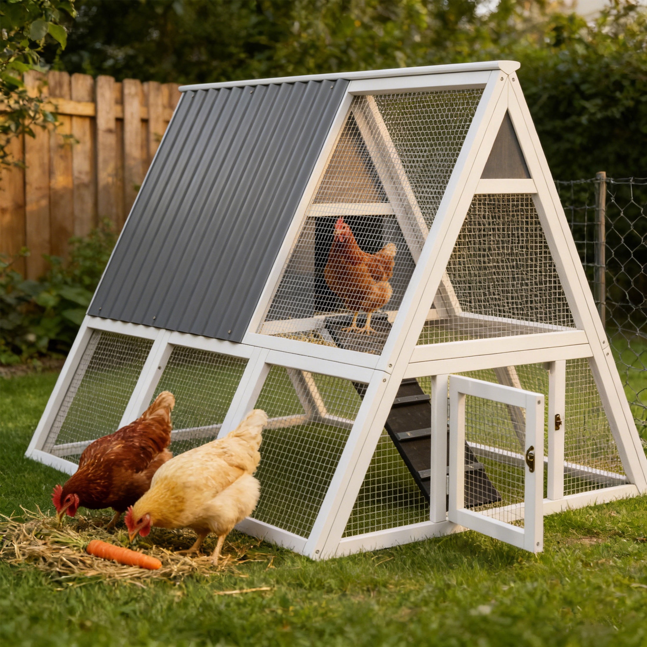 Large Weatherproof Triangular Chicken Coop with Nesting Box & Tray, Spacious Run, White and Gray