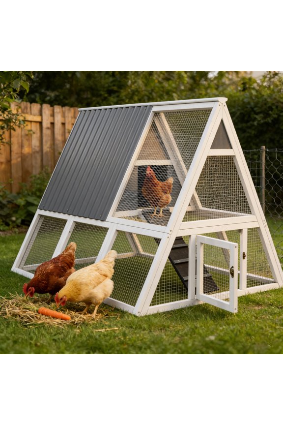 Large Weatherproof Triangular Chicken Coop with Nesting Box & Tray, Spacious Run, White and Gray