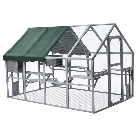 Large Weatherproof Wooden Outdoor Catio Cat Enclosure – 110 Inch Walk-In Cat House with Roof, 7 Platforms, 2 Resting Boxes, 2 Bridges – Spacious Shelter for Multiple Cats, Rabbits or Poultry – Grey