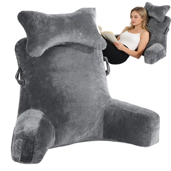Wedge Reading Pillow Large Triangular Backrest with Detachable Washable Cover and Side Pocket Gray