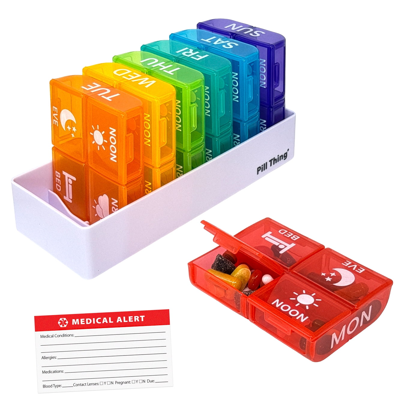 Large Weekly 4-Time Daily Pill Organizer, 7 Day Color-Coded Pill Boxes with Spacious Compartments, Snap-In Tray, BPA-Free, Medical Alert Card, 1 Pack
