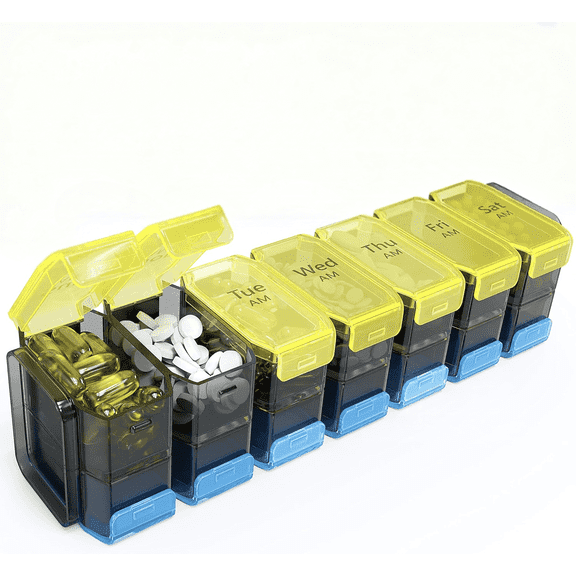 Large Weekly Pill Organizer 2 Times a Day - XL Pill Case Am Pm - Big Pill Box 7 Day Oversized Daily Vitamin Organizer Jumbo Pill Container Twice a Day Medicine Supplement Dispenser Yellow and Blue