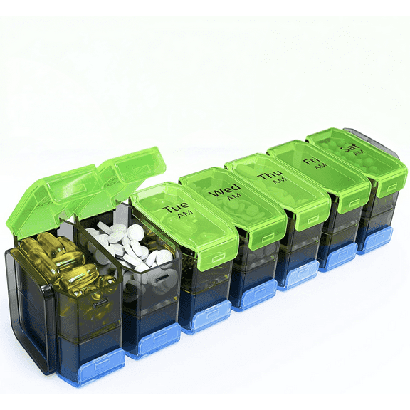 IDFINE Large Weekly Pill Organizer 2 Times a Day XL Pill Case Am Pm Pill Box 7 Day Oversized Daily Vitamin Organizer Jumbo Pill Container Twice a Day Medicine Supplement Dispenser Green and Blue