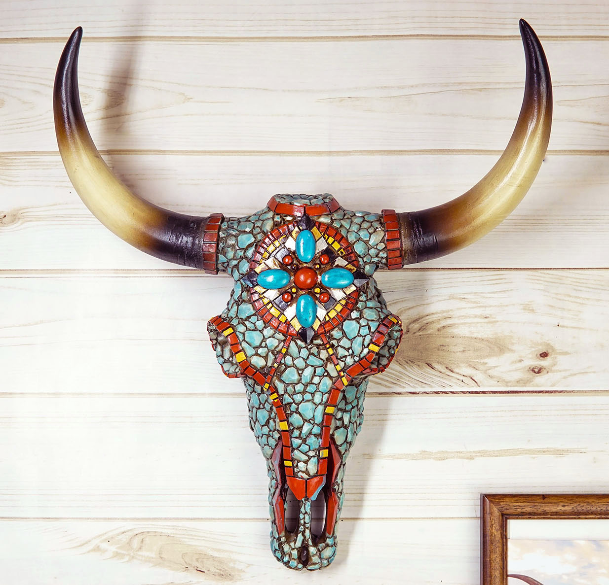 Large Western Steer Cow Skull With Mosaic Turquoise Stones And Beads Wall Decor - image 1 of 6