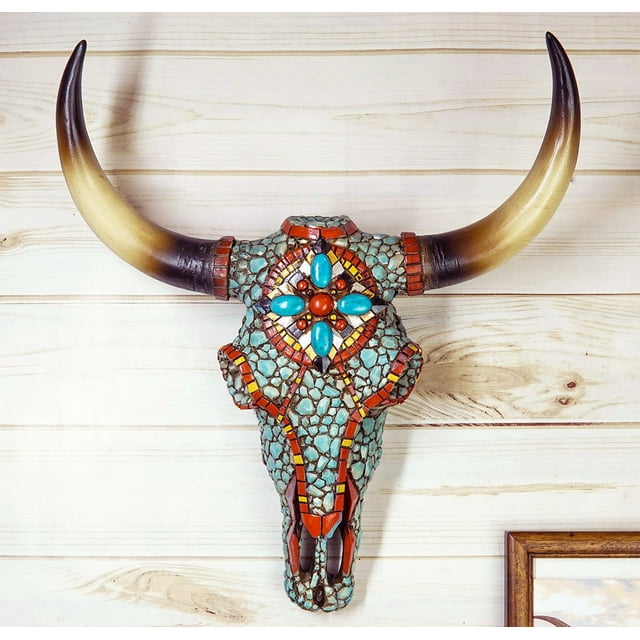 Large Western Steer Cow Skull With Mosaic Turquoise Stones And Beads Wall Decor