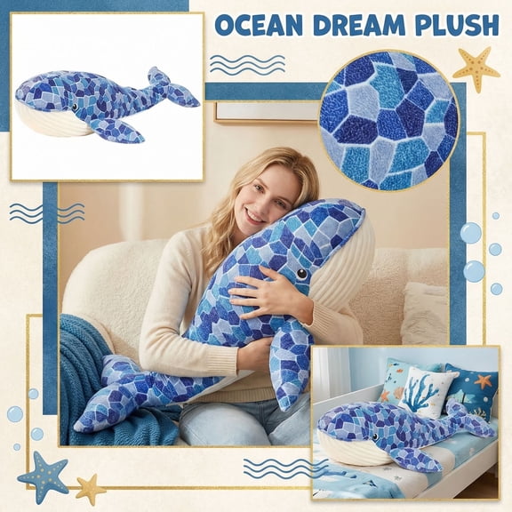 Large Whale Plush Pillow, Soft Huggable Ocean Animal Stuffed Toy for Adults and Teens, Comfortable Body Pillow for Bedroom Decor, Napping and Sleeping Support