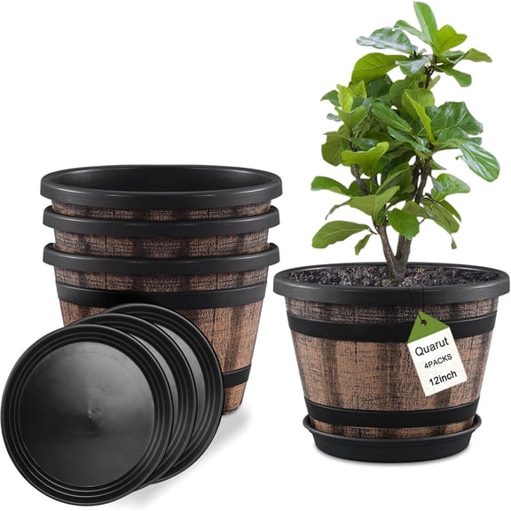 Large Whiskey Barrel Planters with Drainage Holes & Saucer.Plastic Flower Pots Imitation Wine Barrel Design, for Indoor & Outdoor Garden Home Plants (Brown)