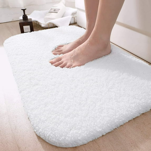 Large White Bathroom Rugs, 24"×47" Absorbent Shaggy Shower Mat, Microfiber Bath Mats for Bathroom, Luxury Bathroom Floor Mats Rubber Back
