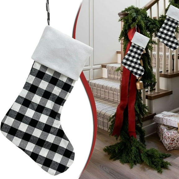 Large White Black Plaid Christmas Stocking, 19 inch Xmas Buffalo Plaid Hanging Stocking Decoration, Personalized Stocking Decoration for Christmas Tree, Holiday Christmas Decorations Indoor