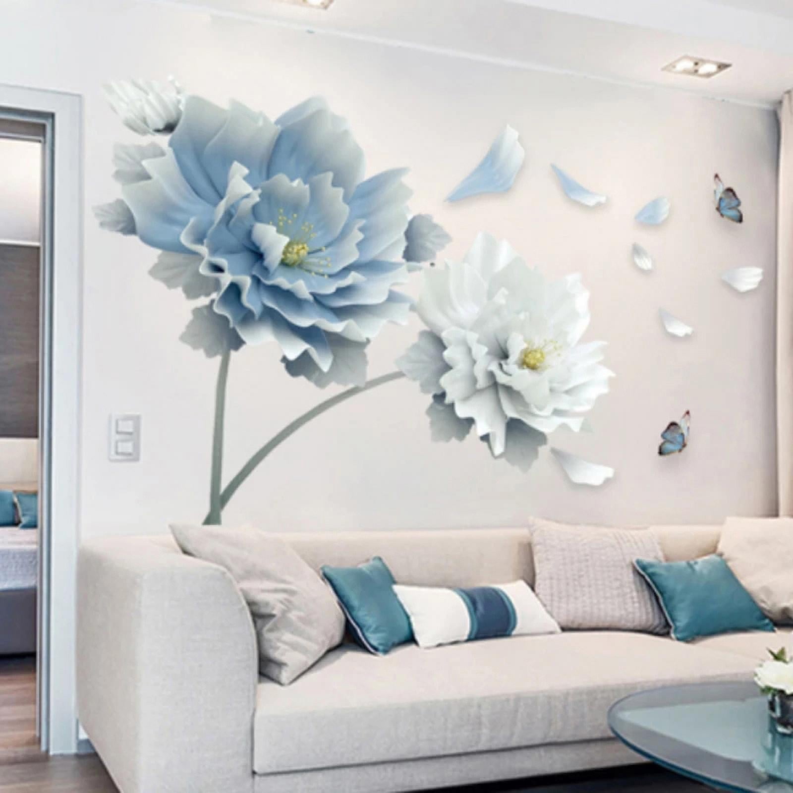 Large White Blue Flower Lotus Butterfly Removable Wall Stickers 3D Art Decals