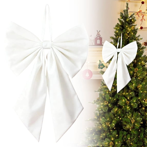 Large White Bow Christmas Decoration Giant Bow Decor Velvet Ribbon Ornament, 9.8 x 7 Inch Christmas Tree Topper for Indoor Home Wedding Party Room Holiday Display