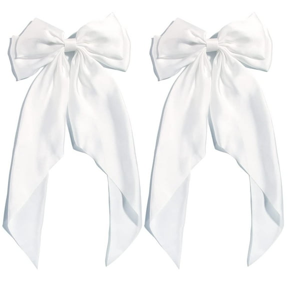 Large White Bows for Girls Hair Big Bow Clip Scarf French Barrette with Long Silky Satin Ribbon Solid Color Bowknot Hairpin Hair Slides Women Scrunchies Accessories 2pcs